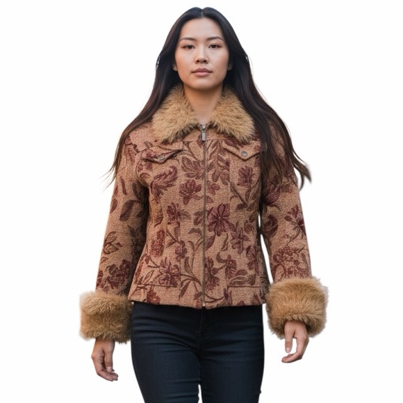 Static Jackets & Blazers - Penny Lane Tapestry Faux Fur Trim SZ S Y2K Boho Western Festival Streetwear VTG